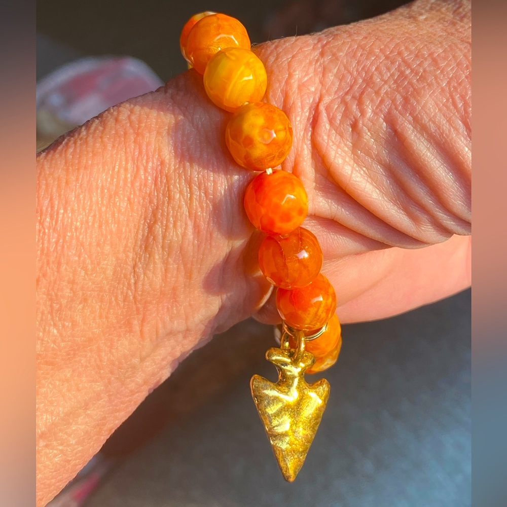 Vintage Natural Citrine gemstone beaded stretch bracelet with brass arrow charm